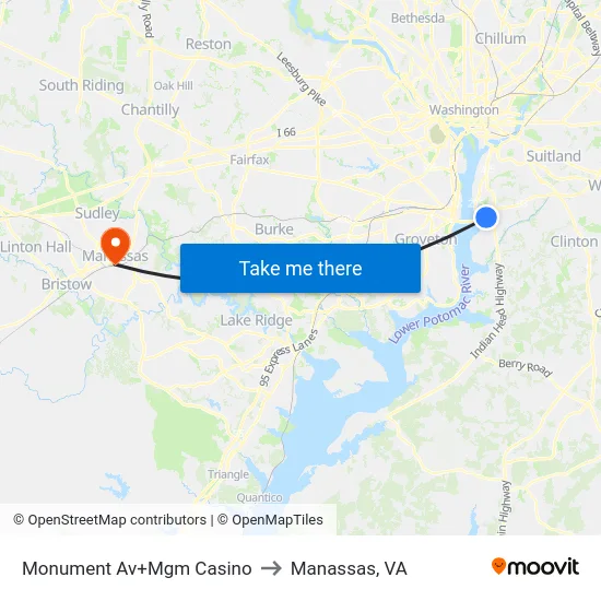 Monument Av+Mgm Casino to Manassas, VA map