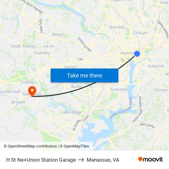 H St Ne+Union Station Garage to Manassas, VA map