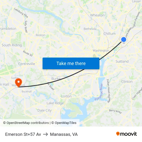 Emerson St+57 Av to Manassas, VA map