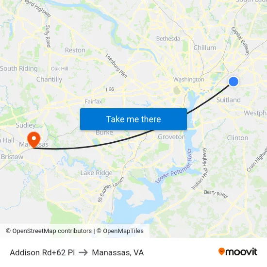Addison Rd+62 Pl to Manassas, VA map