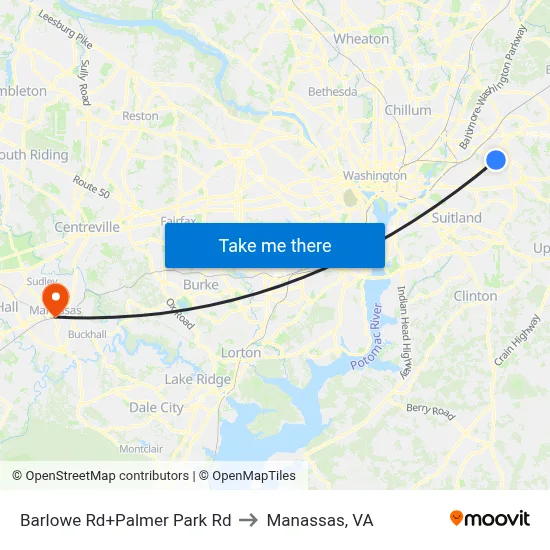 Barlowe Rd+Palmer Park Rd to Manassas, VA map