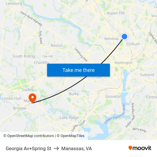 Georgia Av+Spring St to Manassas, VA map