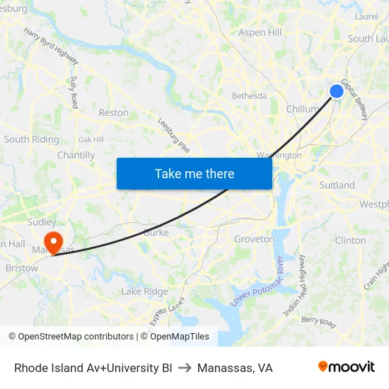 Rhode Island Av+University Bl to Manassas, VA map