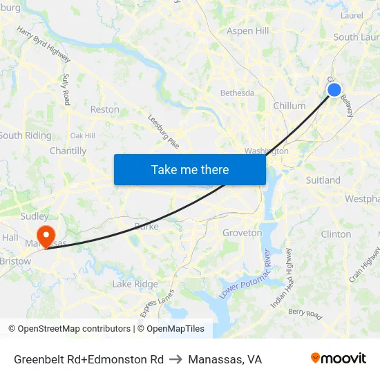 Greenbelt Rd+Edmonston Rd to Manassas, VA map