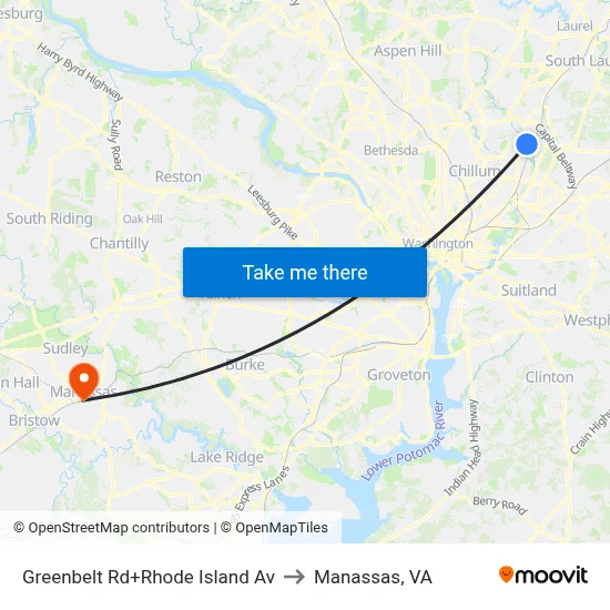 Greenbelt Rd+Rhode Island Av to Manassas, VA map