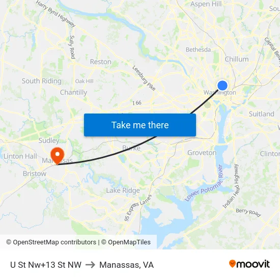 U St Nw+13 St NW to Manassas, VA map