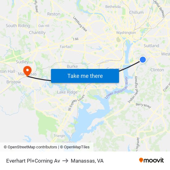 Everhart Pl+Corning Av to Manassas, VA map