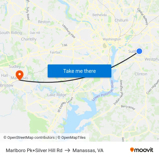 Marlboro Pk+Silver Hill Rd to Manassas, VA map