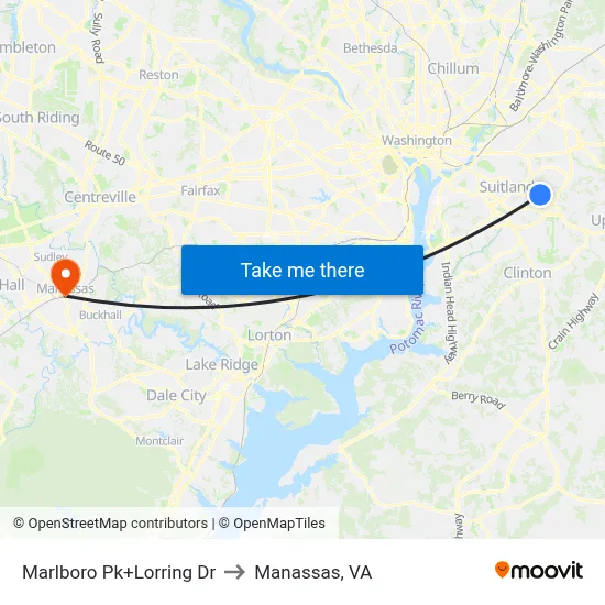 Marlboro Pk+Lorring Dr to Manassas, VA map