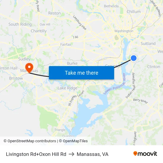 Livingston Rd+Oxon Hill Rd to Manassas, VA map