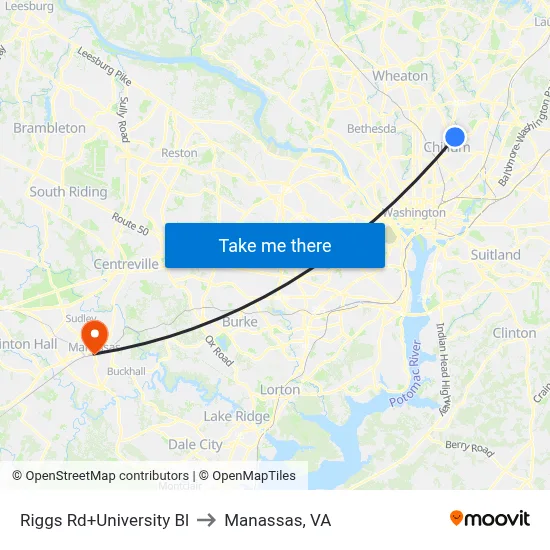 Riggs Rd+University Bl to Manassas, VA map