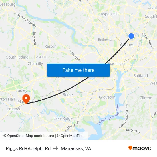 Riggs Rd+Adelphi Rd to Manassas, VA map
