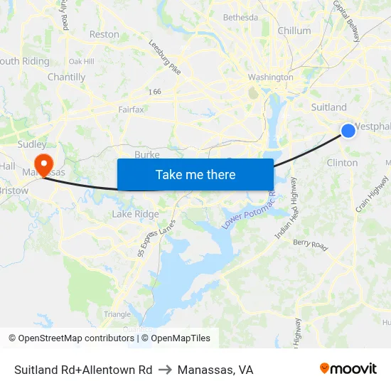 Suitland Rd+Allentown Rd to Manassas, VA map