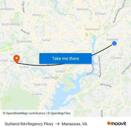 Suitland Rd+Regency Pkwy to Manassas, VA map