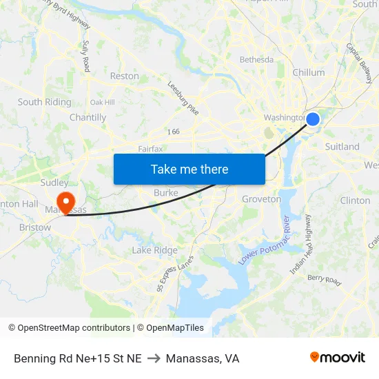 Benning Rd Ne+15 St NE to Manassas, VA map