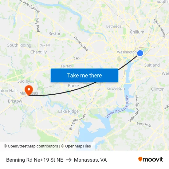 Benning Rd Ne+19 St NE to Manassas, VA map
