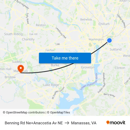 Benning Rd Ne+Anacostia Av NE to Manassas, VA map