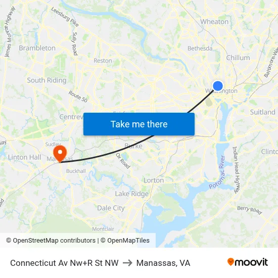 Connecticut Av Nw+R St NW to Manassas, VA map