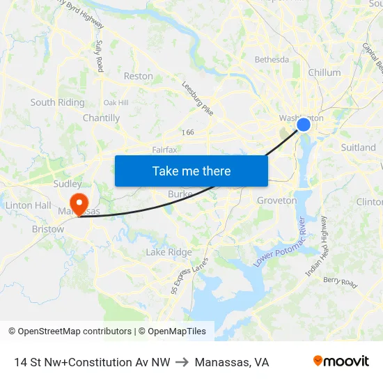 14 St Nw+Constitution Av NW to Manassas, VA map