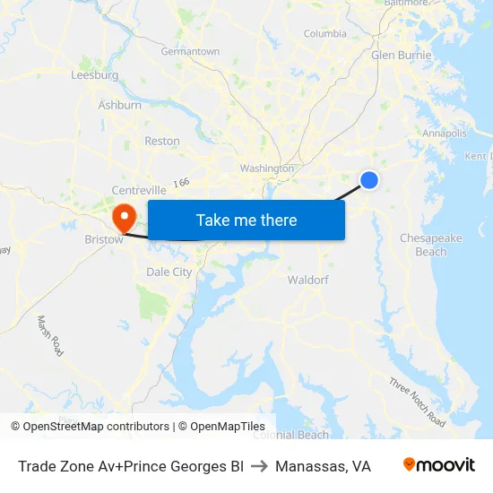Trade Zone Av+Prince Georges Bl to Manassas, VA map