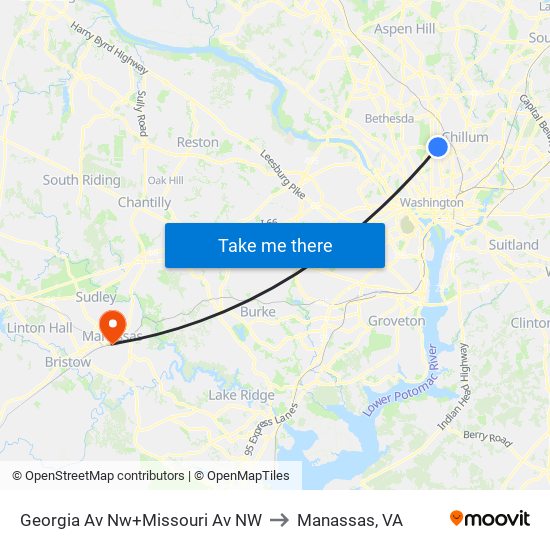 Georgia Av Nw+Missouri Av NW to Manassas, VA map