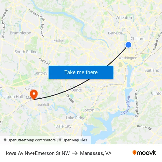 Iowa Av Nw+Emerson St NW to Manassas, VA map
