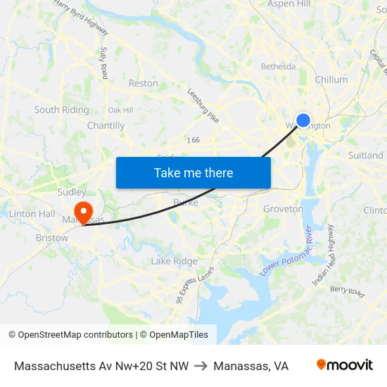 Massachusetts Av Nw+20 St NW to Manassas, VA map