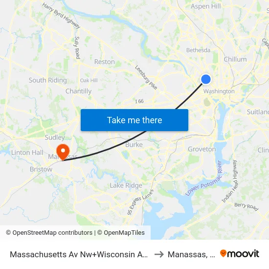 Massachusetts Av Nw+Wisconsin Av NW to Manassas, VA map