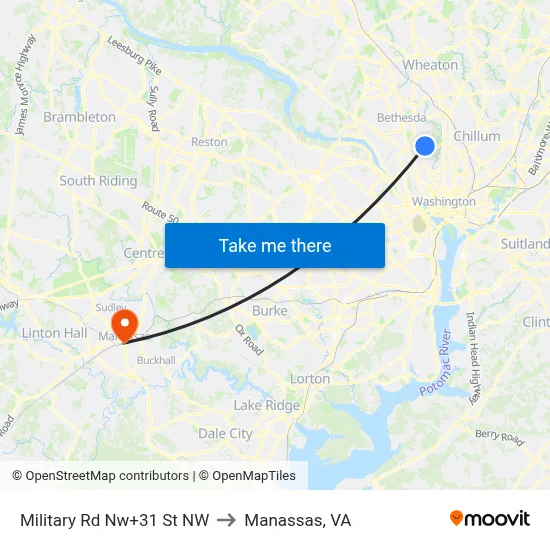 Military Rd Nw+31 St NW to Manassas, VA map