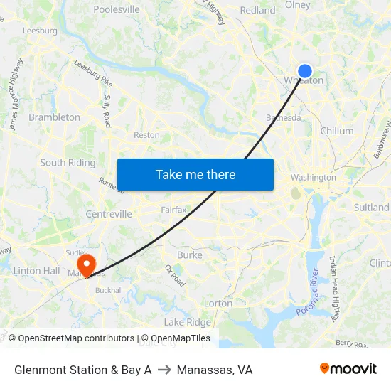Glenmont Station & Bay A to Manassas, VA map