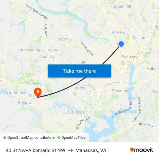 40 St Nw+Albemarle St NW to Manassas, VA map