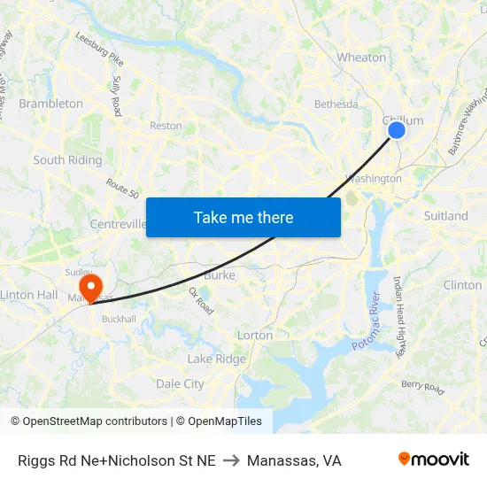 Riggs Rd Ne+Nicholson St NE to Manassas, VA map