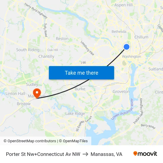 Porter St Nw+Connecticut Av NW to Manassas, VA map