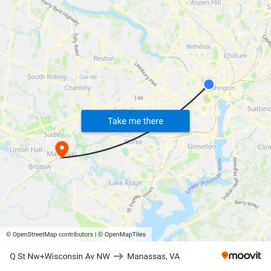Q St Nw+Wisconsin Av NW to Manassas, VA map