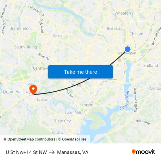 U St Nw+14 St NW to Manassas, VA map