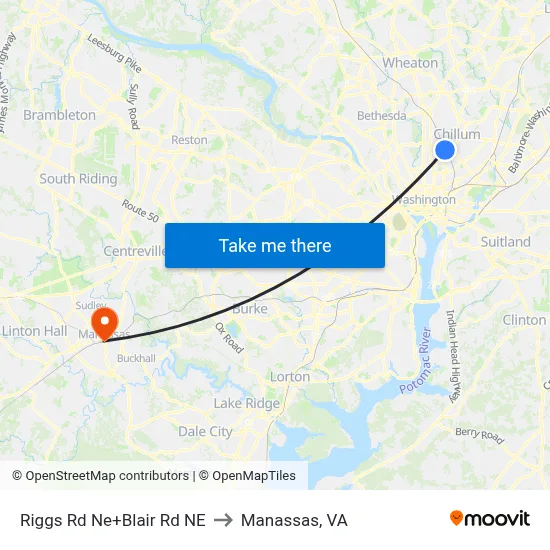 Riggs Rd Ne+Blair Rd NE to Manassas, VA map