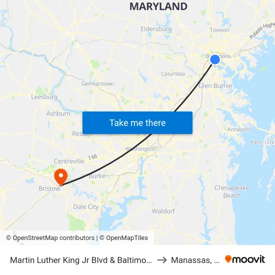 Martin Luther King Jr Blvd & Baltimore St to Manassas, VA map