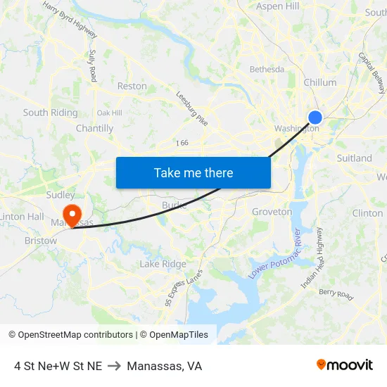 4 St Ne+W St NE to Manassas, VA map
