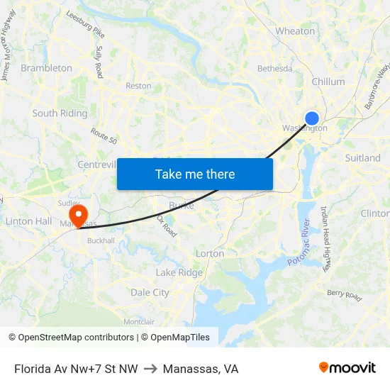 Florida Av Nw+7 St NW to Manassas, VA map