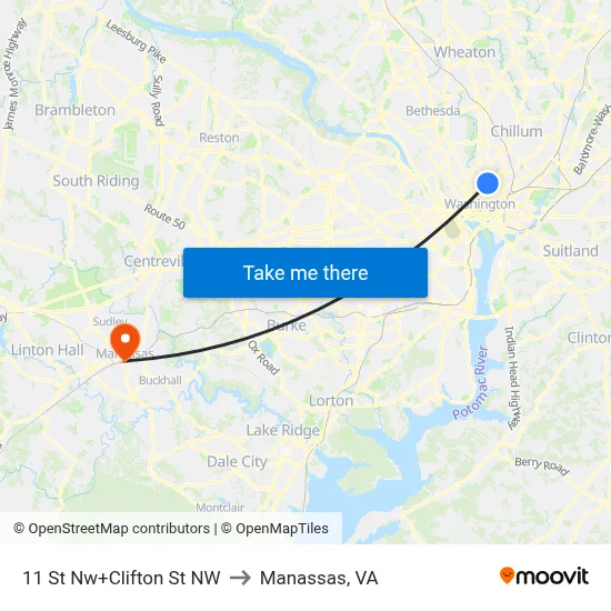 11 St Nw+Clifton St NW to Manassas, VA map