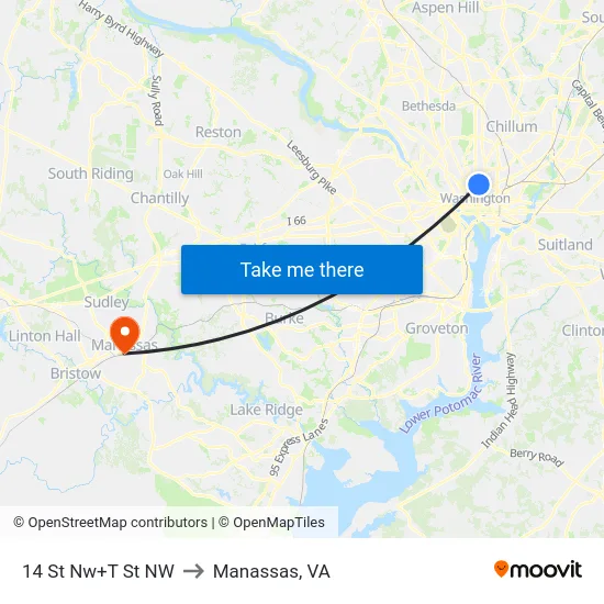 14 St Nw+T St NW to Manassas, VA map