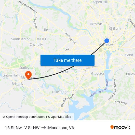 16 St Nw+V St NW to Manassas, VA map