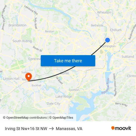 Irving St Nw+16 St NW to Manassas, VA map