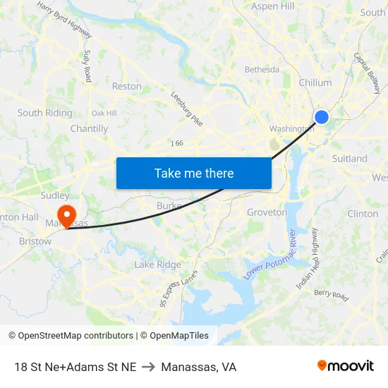 18 St Ne+Adams St NE to Manassas, VA map