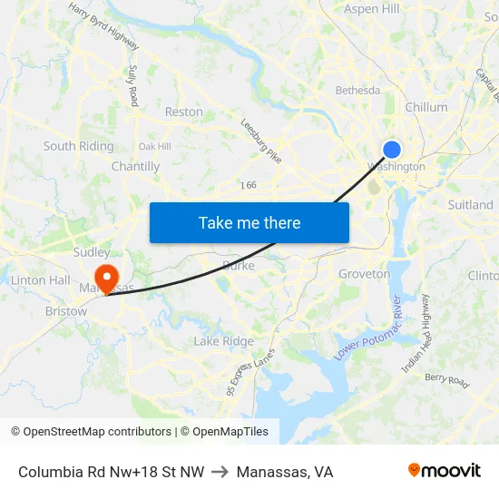 Columbia Rd Nw+18 St NW to Manassas, VA map