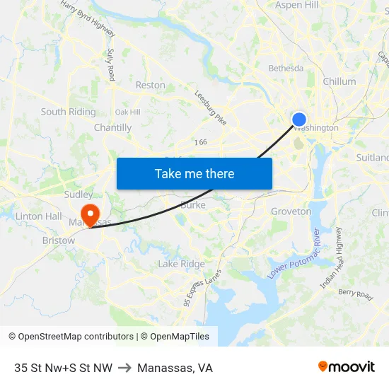 35 St Nw+S St NW to Manassas, VA map