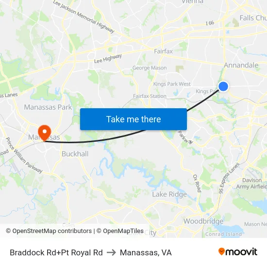 Braddock Rd+Pt Royal Rd to Manassas, VA map