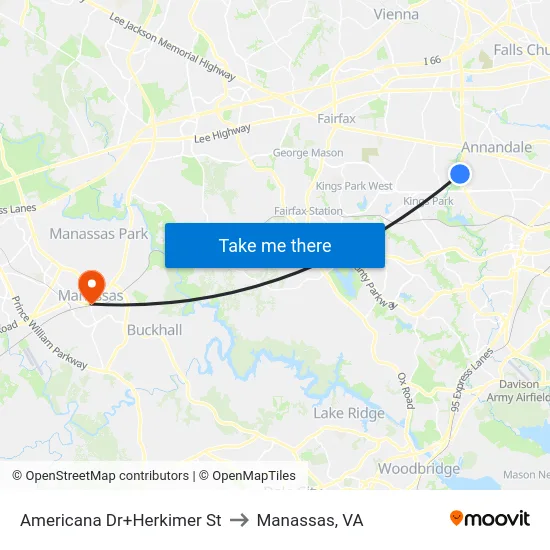 Americana Dr+Herkimer St to Manassas, VA map