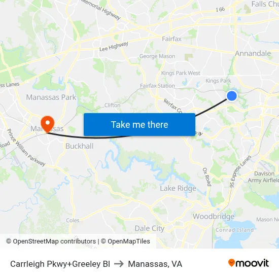 Carrleigh Pkwy+Greeley Bl to Manassas, VA map