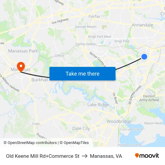 Old Keene Mill Rd+Commerce St to Manassas, VA map